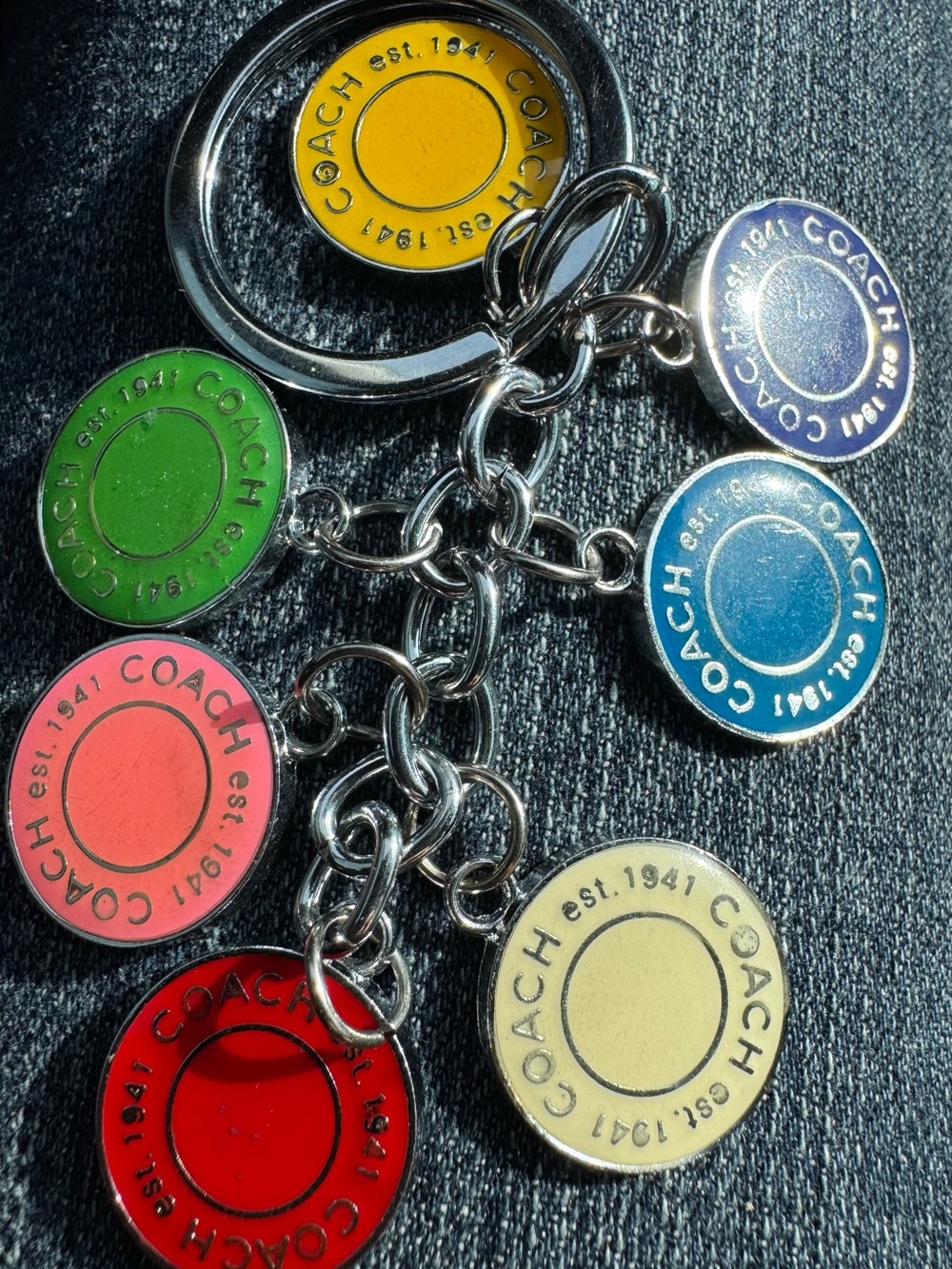 Coach Multicolor Enamel Circle Charm Key Ring with Silver Hardware